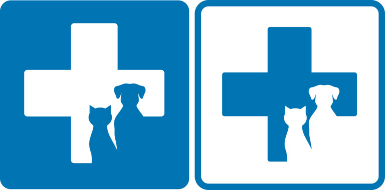 Blue and white vector featuring a cat and a dog imposed on the international healthcare log